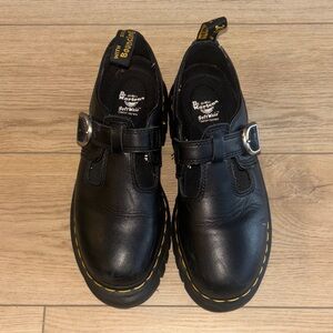 Dr. Martens Black Leather Mary Jane Shoes with Yellow Stitching, Platforms!